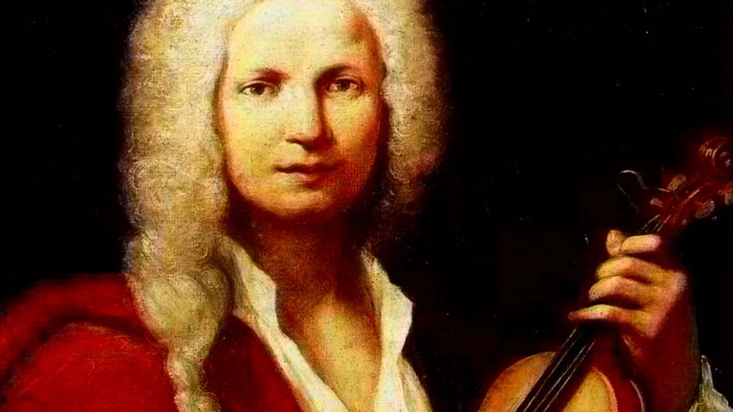 An oil portrait of the composer Vivaldi in a wig and red coat, holding a musical instrument.