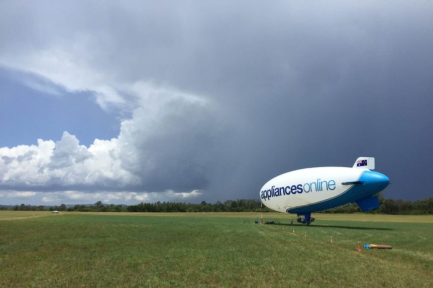 The grounded blimp waits out some bad weather.