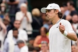 Tennis player Alex de Minaur gives the thumbs up in front of the Wimbledon crowd.