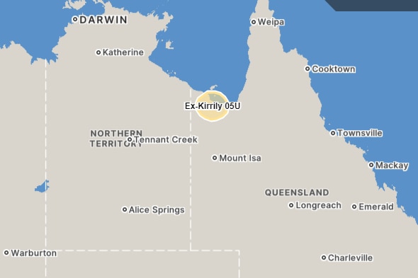A map shows ex-TC Kirrily sitting over the Gulf of Carpentaria in Queensland. 