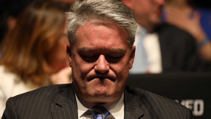 Shadows are cast on the face of Finance Minister Mathias Cormann at the Coalition's federal election campaign launch.