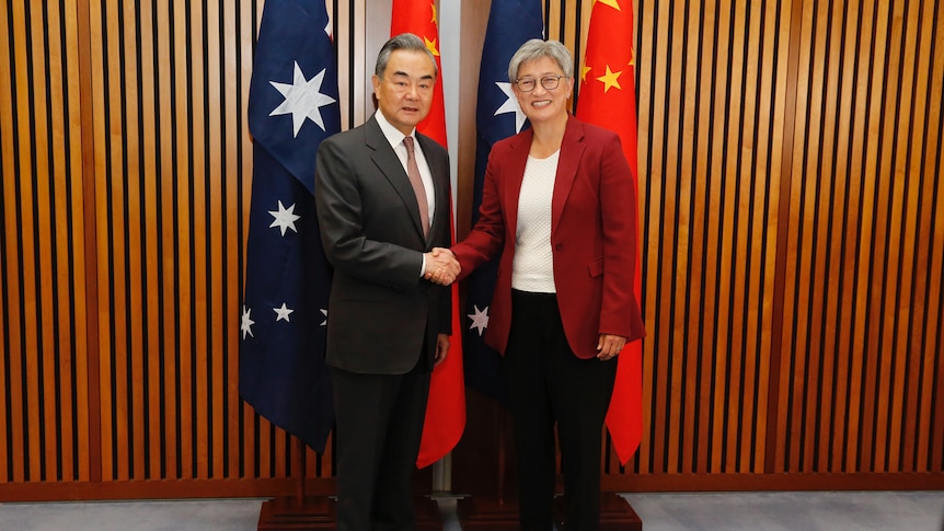 The foreign ministers stand in front of Chinese and Australian flags as they shake hands