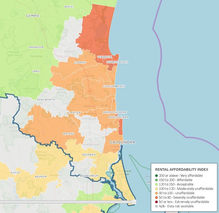 Coloured map graphic shows rental affordability of Queensland's Sunshine Coast region for people.