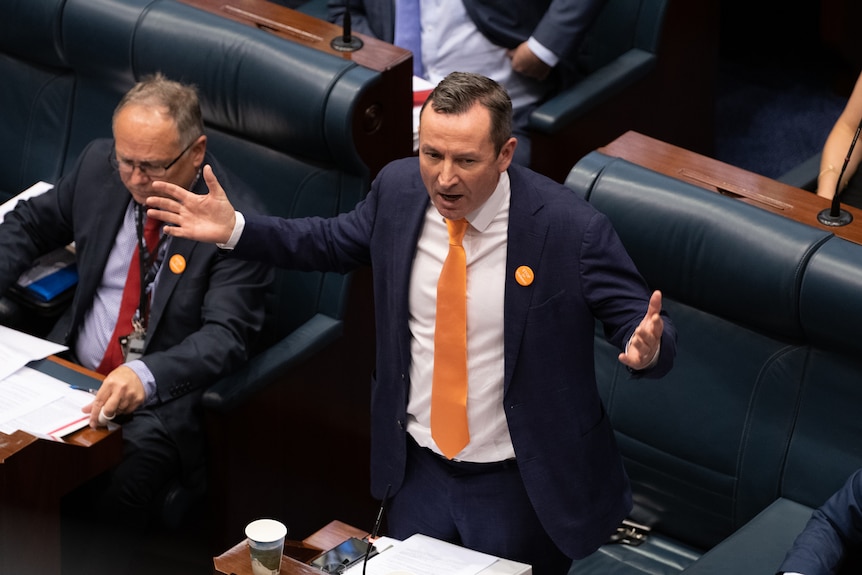 Mark McGowan speaks in parliament with his hands stretched out.