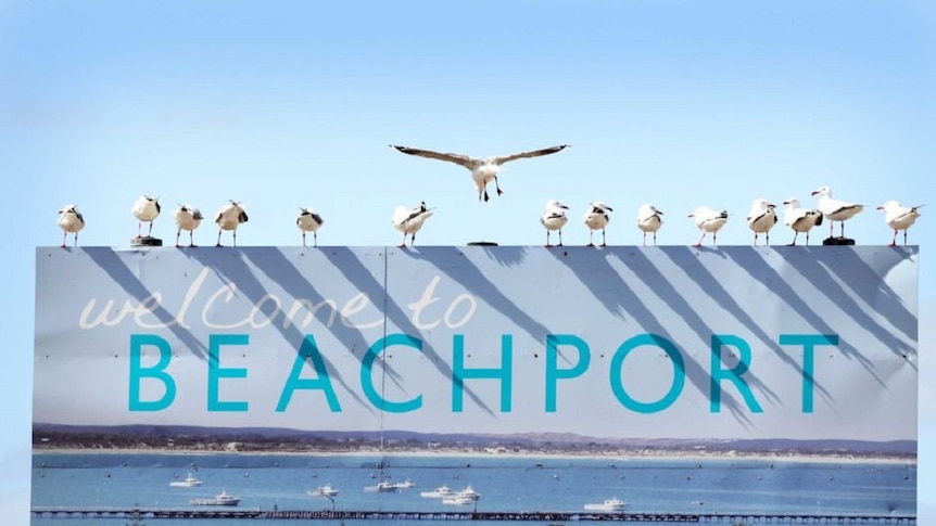 A sign that says 'welcome to Beachport' with seagulls standing on top
