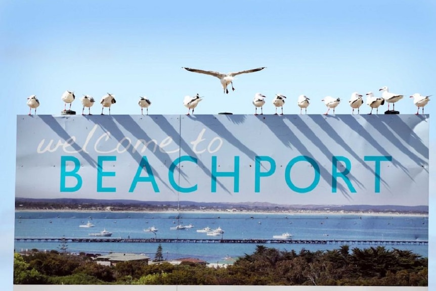 A sign that says 'welcome to Beachport' with seagulls standing on top