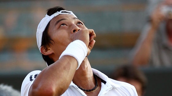 Lu Yen-Hsun celebrates his shock victory over Andy Roddick.