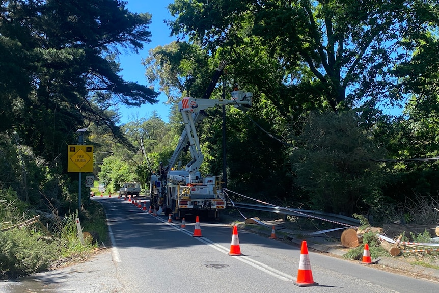 Crews work to fix downed power lines at Aldgate in the Adelaide Hills.