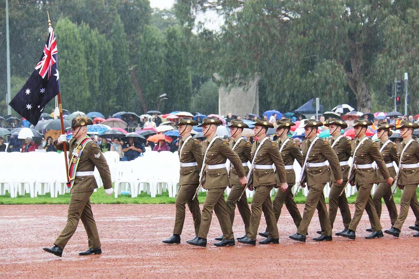 Soldiers from the Australian Army march on Anzac Day in Canberra.
