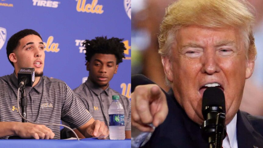 A composite image of the UCLA basketball players and Donald Trump.