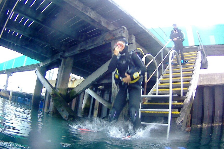 A scuba diver entering the water feet first from yellow steps, diver on top of steps behind, jetty on left  
