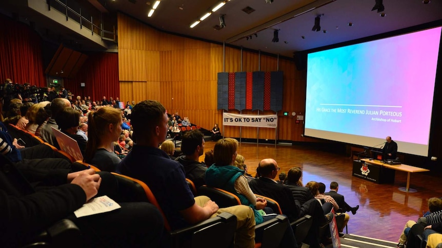 Archbishop Julian Porteous opens the no campaign rally at UTAS in Hobart