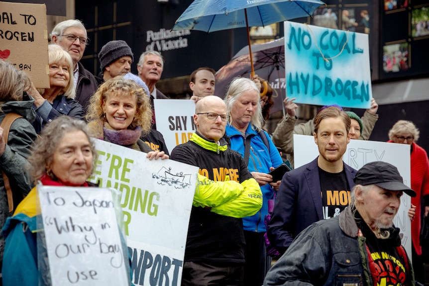 A group of people waving placards that call for an end to a coal-to-hydrogen project.