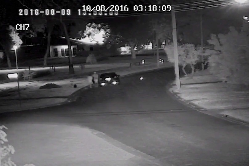 Security camera image of a stolen car with people throwing a bag out of the car
