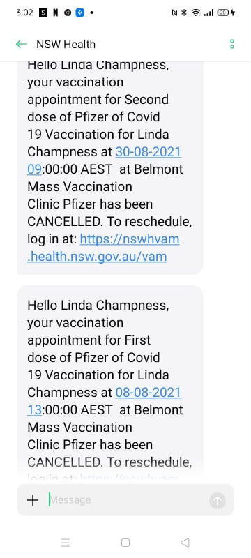 Two text messages from NSW health 