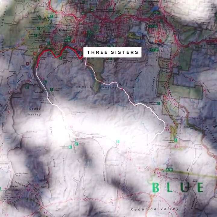 Map of Blue Mountains with white label Three Sisters and white line showing Mt Solitary hike trail.