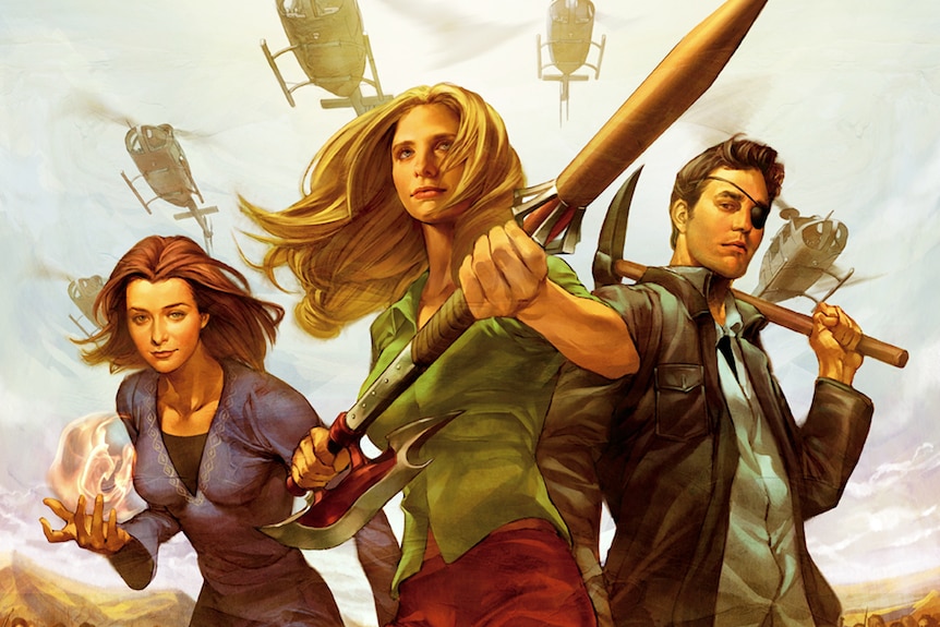 A comic book cover depicting Buffy, Willow and Xander.