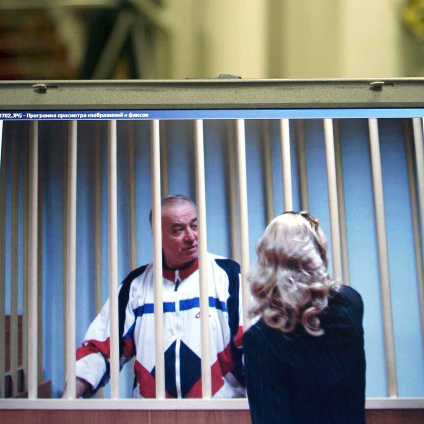 Sergei Skripal is seen on a monitor talking to his lawyer from behind bars.
