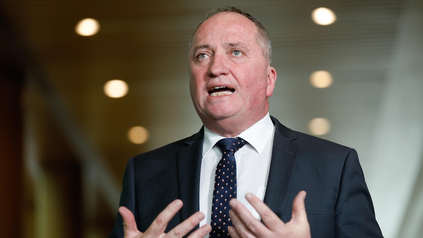 Barnaby Joyce wearing a suit and tie mid-sentence gesturing with his hands