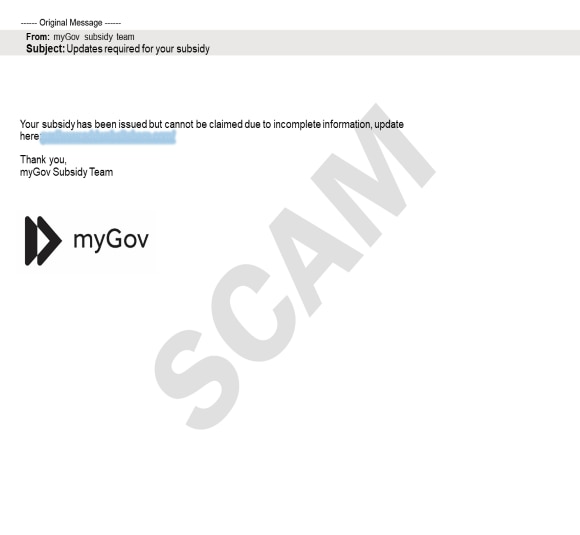 A screenshot of a scam email claiming to be from myGov, with a blurred out hyperlink.  