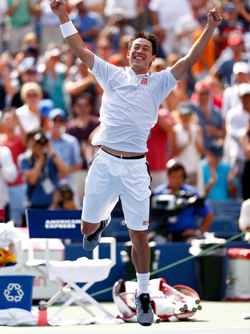 Nishikori celebrates shock win over Djokovic