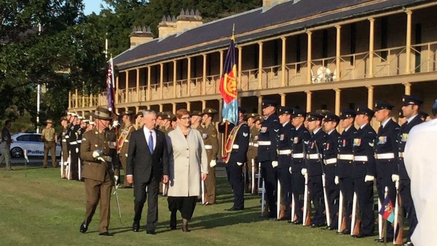 General James Mattis inspects honour guard of sailors, soldiers and airmen of Australia's federation guard in Sydney