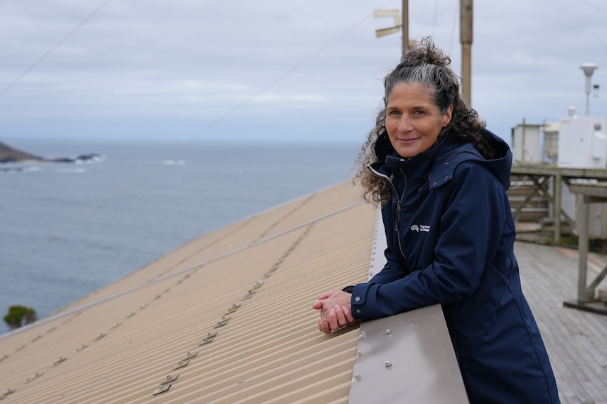 A woman standing on a deck overlooking the ocean