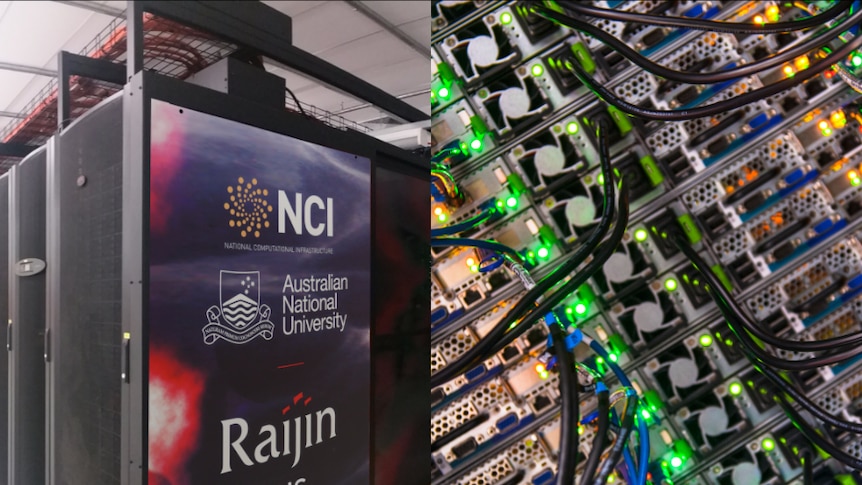 Composite image of the supercomputer storage space and close up of cables connected to computer systems.