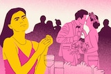Illustration of person at a wedding with the couple in the background.