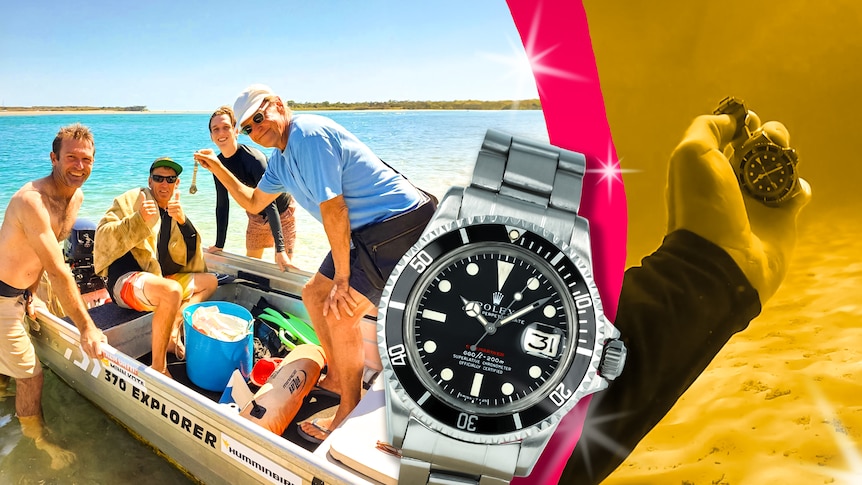 Four men smile at the bank of a bright waterway, with a closeup showing an expensive Rolex watch.