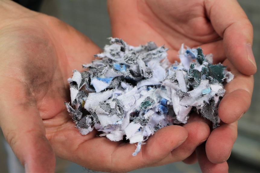 Shredded fabric is prepared for the recycling process.