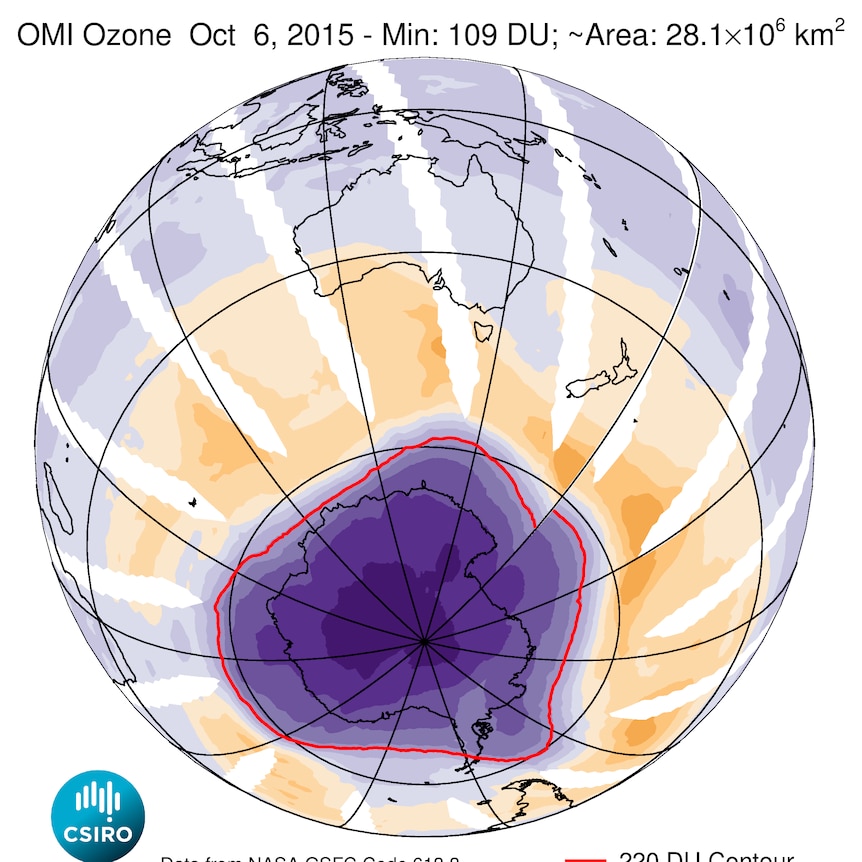 Image of the ozone hole from the OMI satellite for 6 October, 2015