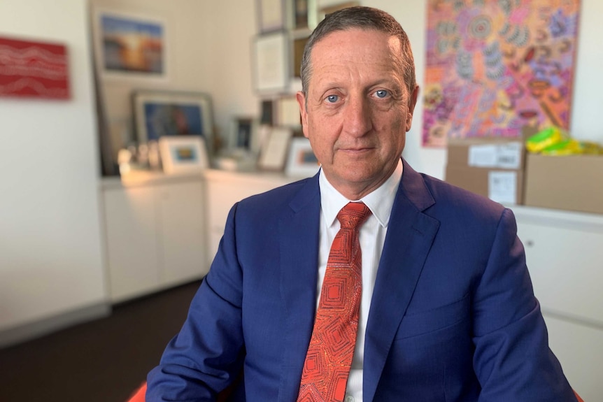 Professor Ian Hickie wears a blue suit and red tie and looks into the camera from an office space.