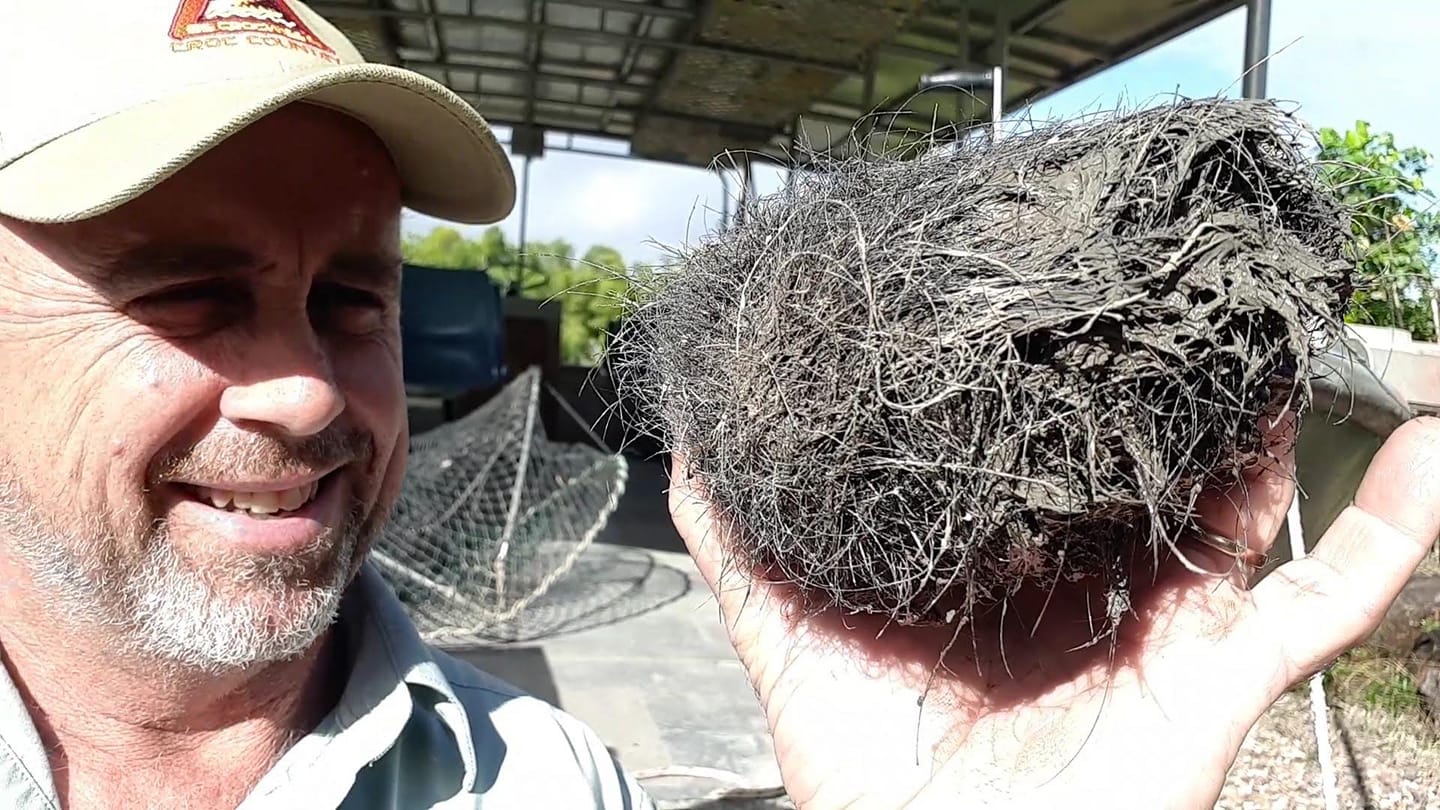 A man in a cap smiles while looking close-up at a large ball of hair.