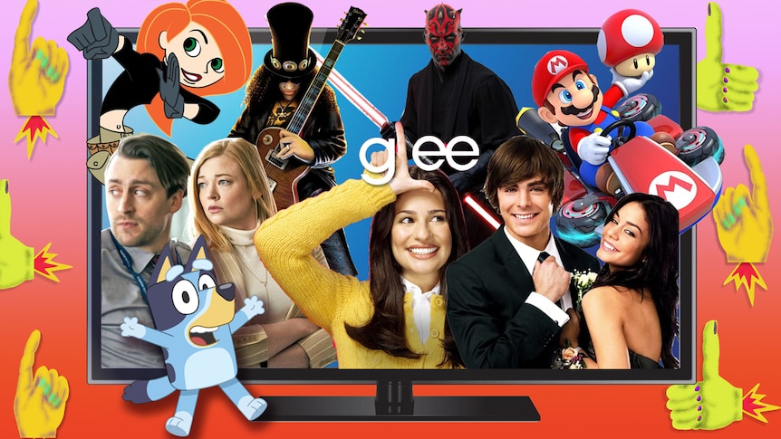 A collage of Kim Possible, Darth Maul, Bluey, Slash, Mario Kart, and characters from Glee, Succession, and High School Musical