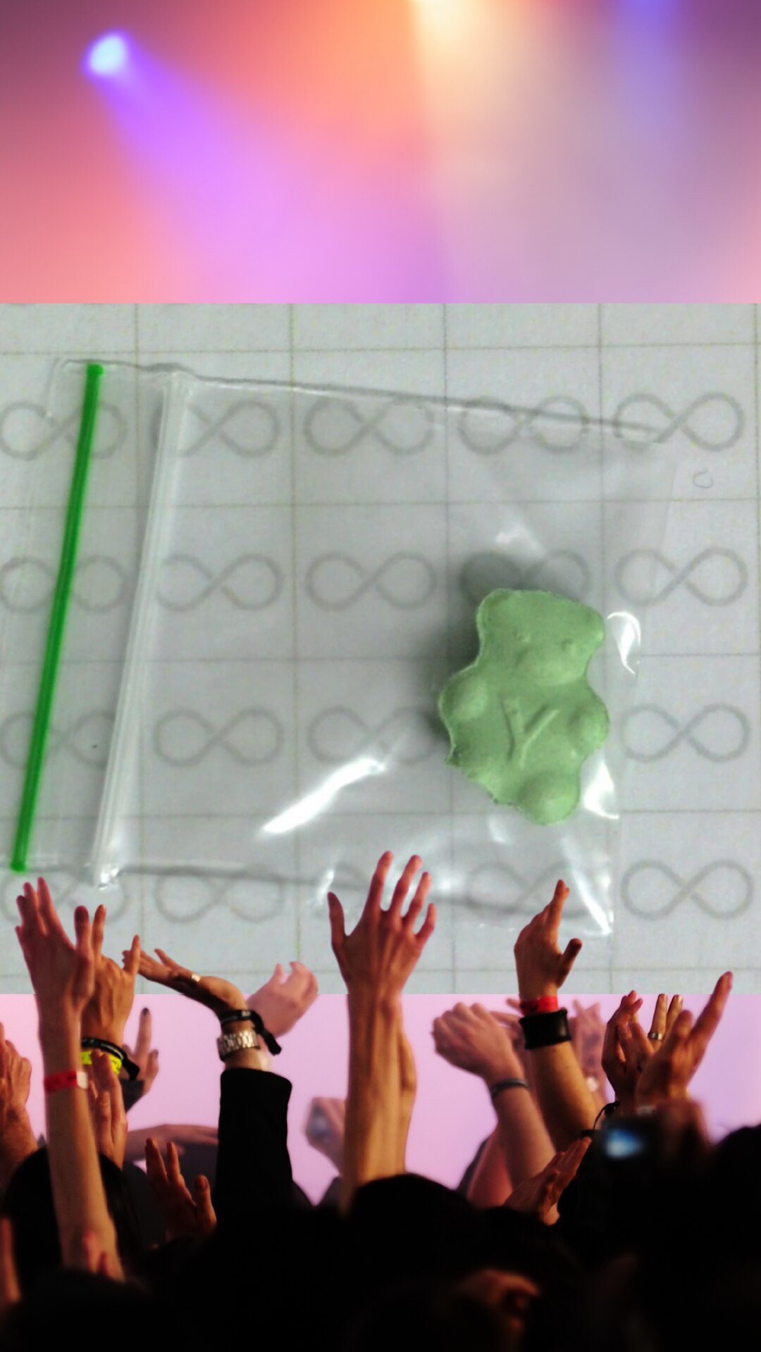 Split screen a green teddy bear shaped tablet in a clear bag on a white piece of paper. Below, generic crowd of arms and hands