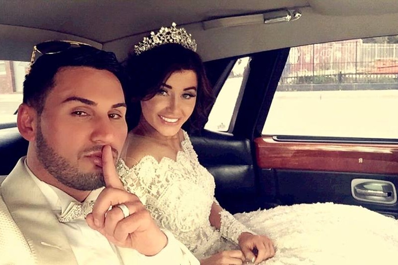 Salim Mehajer with his bride Aysha in a car on their wedding day.