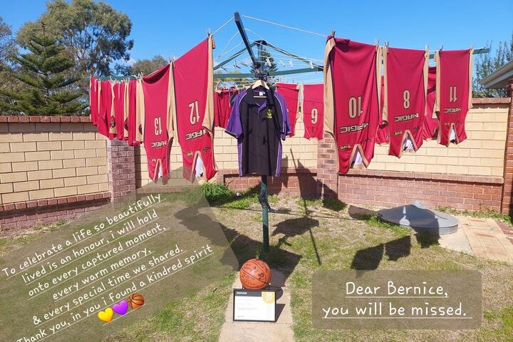 A social media post featuring an image of basketball jerseys hanging on a line and condolence messages.