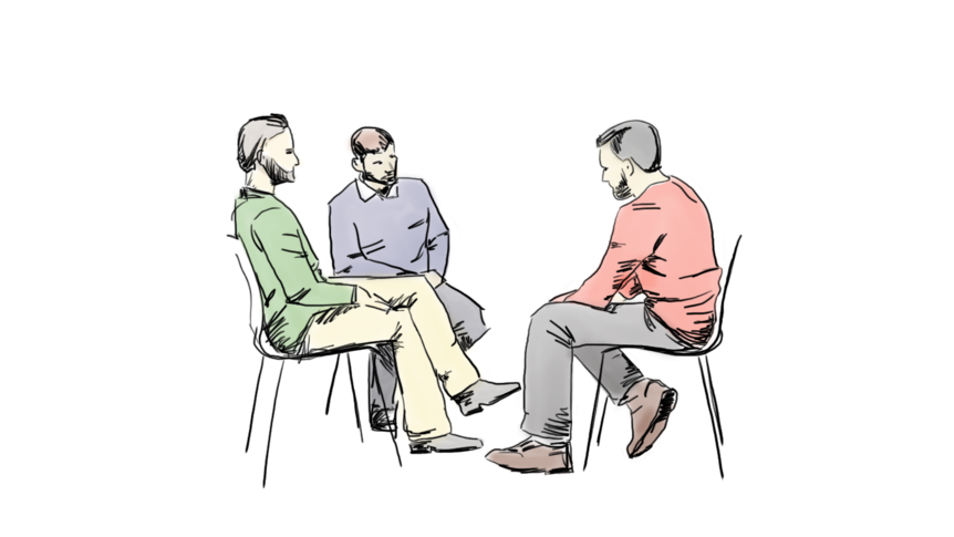 Illustration of three men sitting in circle