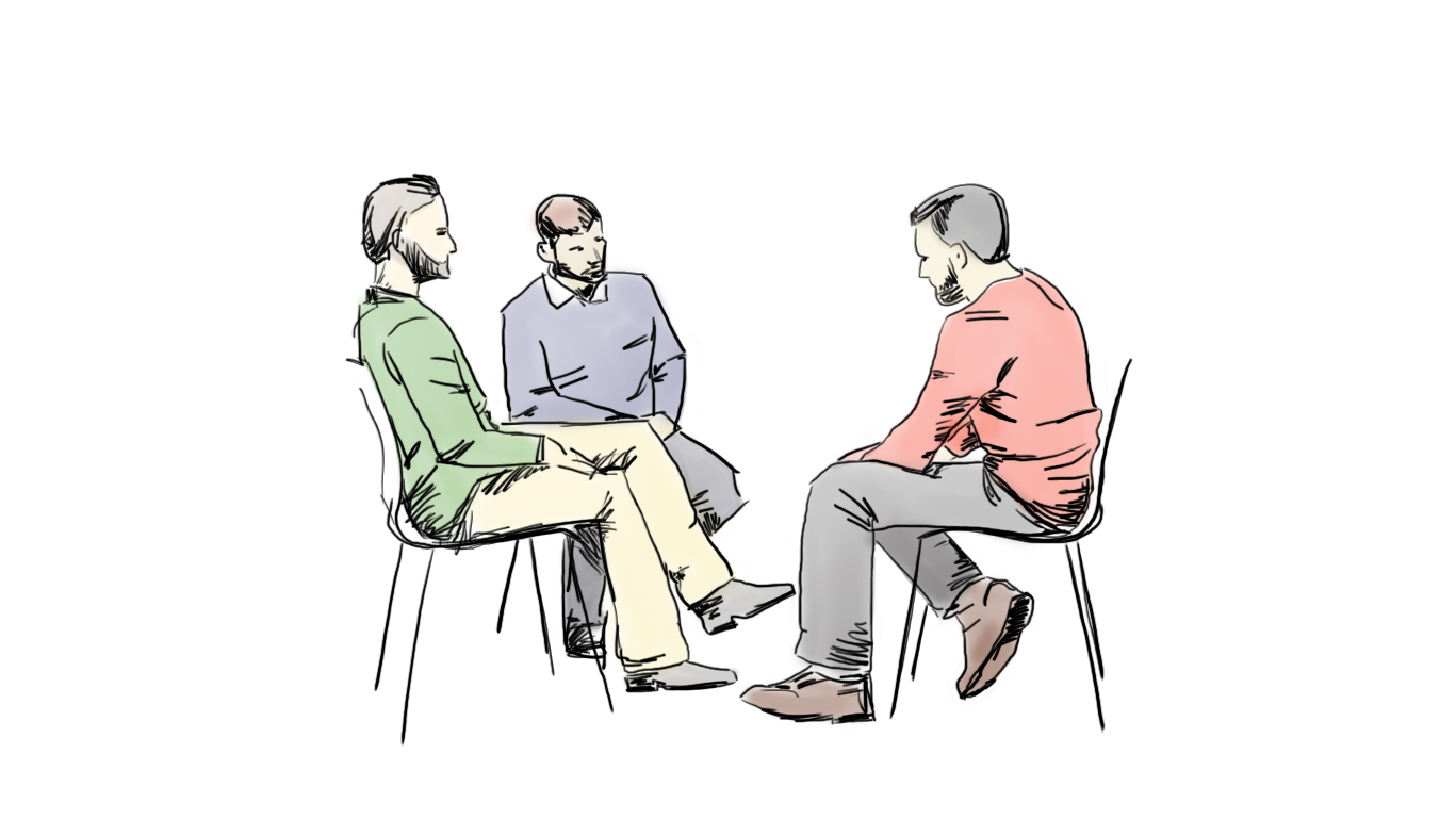 Illustration of three men sitting in circle