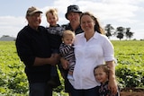 Three generations of one family, three children, the parents and grandfather stand in a potato crop north of Ballarat