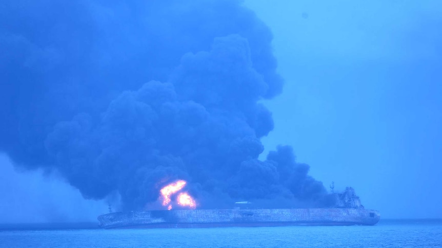 Iranian oil tanker ablaze as rescuers search for missing mariners