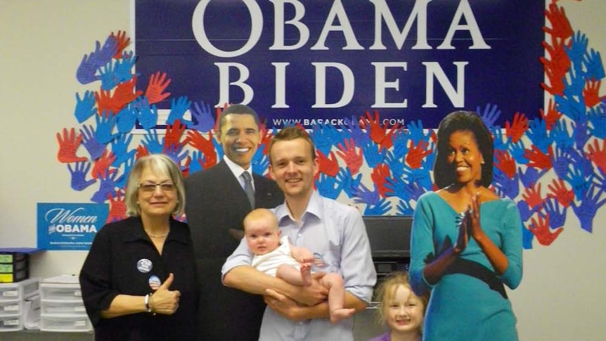 Meredith Burgmann, Paddy Batchelor, Clemmie Chesher and April Chesher with Barack and Michelle cut-outs. (Meredith Burgmann)