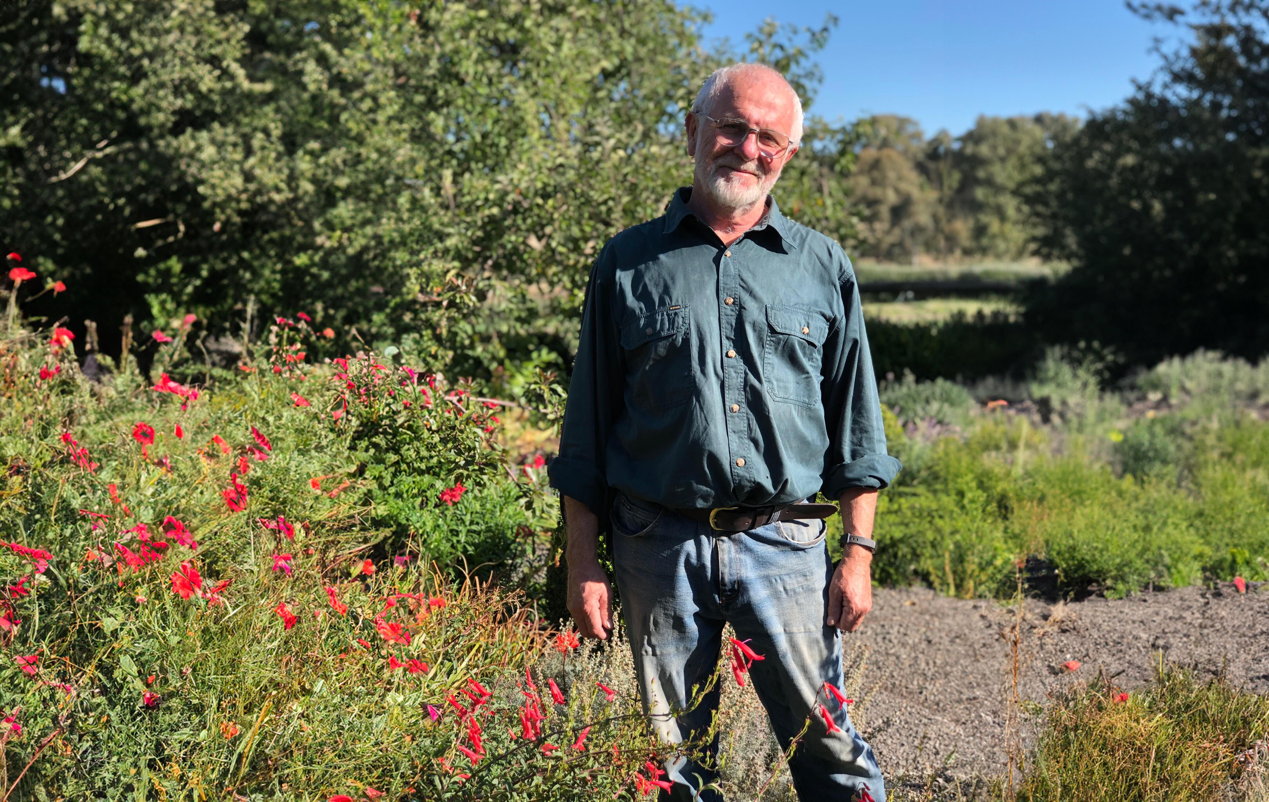 Rob stands in a work shirt surrounded by native trees on a sunny day. 