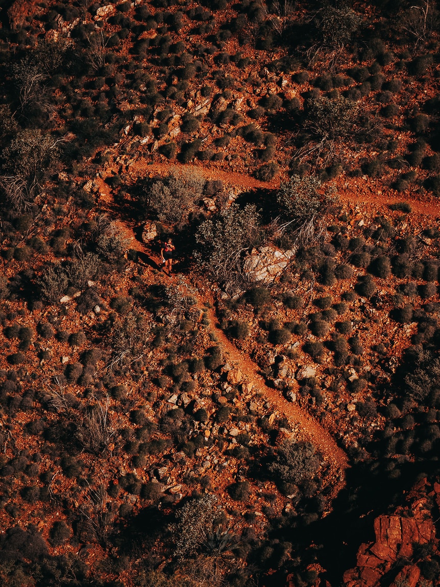 Red rocks with small runner wearing black and a red running vest