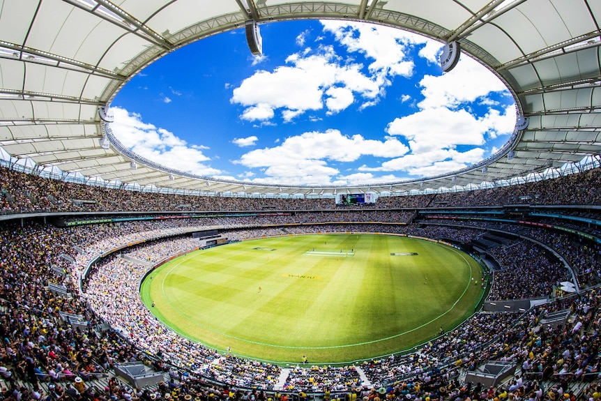 A wide shot from the top of the Perth Stadium stands during the cricket ODI between Australia and England.