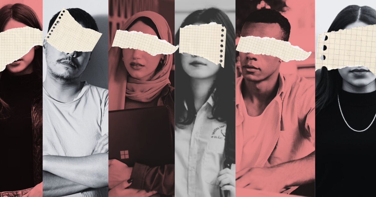 A graphic of men and women with their eyes blocked out by notebook paper scraps.