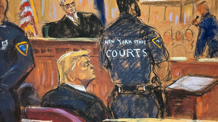 Illustration of Donald Trump reacting as the verdict is read in his criminal trial at Manhattan state court.