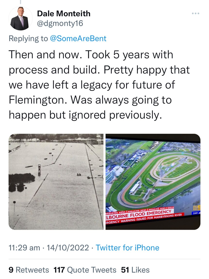 A tweet from Dale Monteith showing photos of a racecourse flood wall.