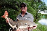 Man wearing sunnies and baseball cap holding a fish.